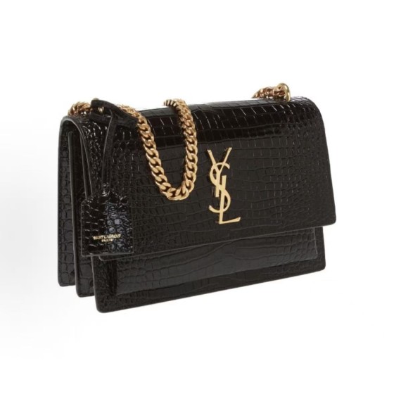 SAINT LAURENT YSL SUNSET bag, distressed gold Logo chain crossbody single-shoulder bag, medium size for women, black